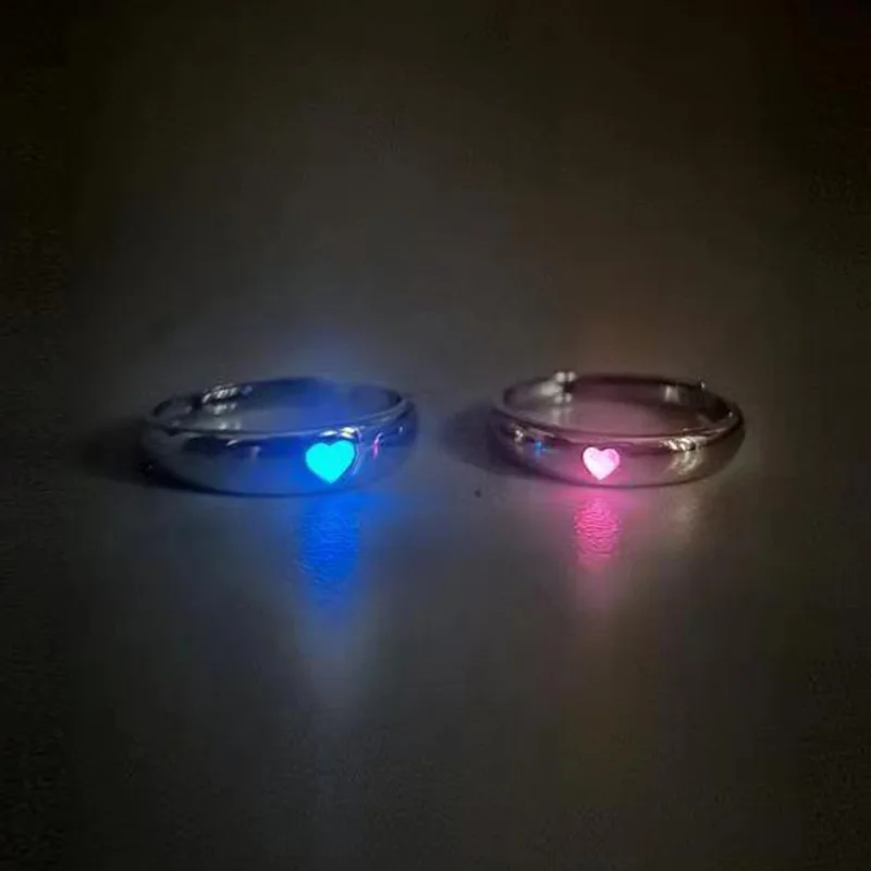 

Fashion Blue Love Heart Luminous Customer Ring For Women Men Lovers Adjustable Opening Jewelry Fluorescent Accessories Gifts