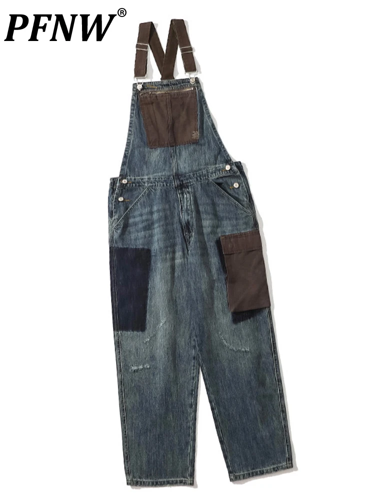 

PFNW American High Street Overalls Patchwork Jean Denim Pants Japanese Retro Loose New Men Chic Tide Niche Workwear 12A4907