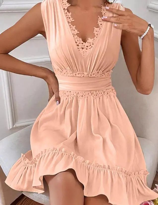 

Lace Trimmed and Ruffled Casual Dress 2023 New Hot Selling Fashion Women's Clothing