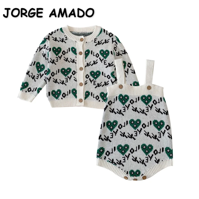 

Осенние комплекты одежды для маленьких девочек, свитер с длинным рукавом и круглым воротником с сердечками зеленого цвета + трикотажное бод...
