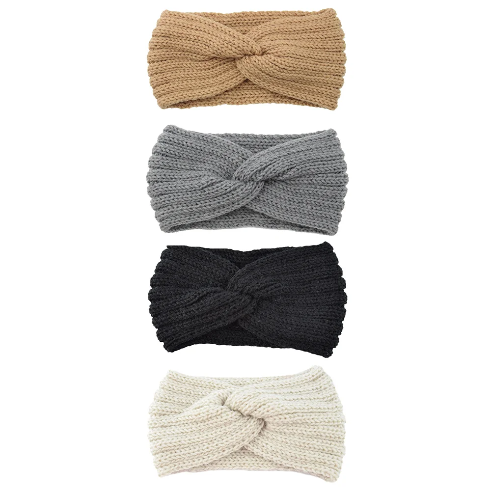 

4PCS Woolen Yarn Woven Hair Band Cross Wide-edged Hair Band Knitting Hairband