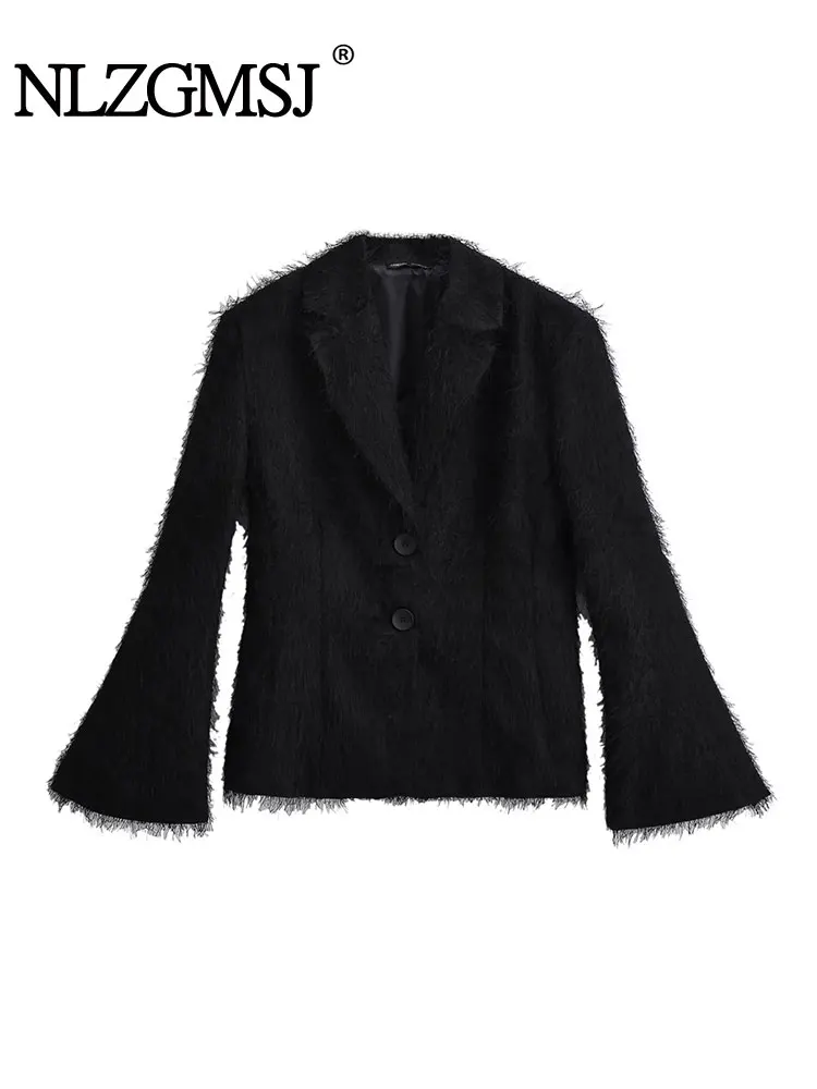 

Nlzgmsj TRAF 2023 Autumn Winter Black Feathers Jacket Women Coat Lapel Business Coat Single Breasted Long Flared Sleeves Jacket