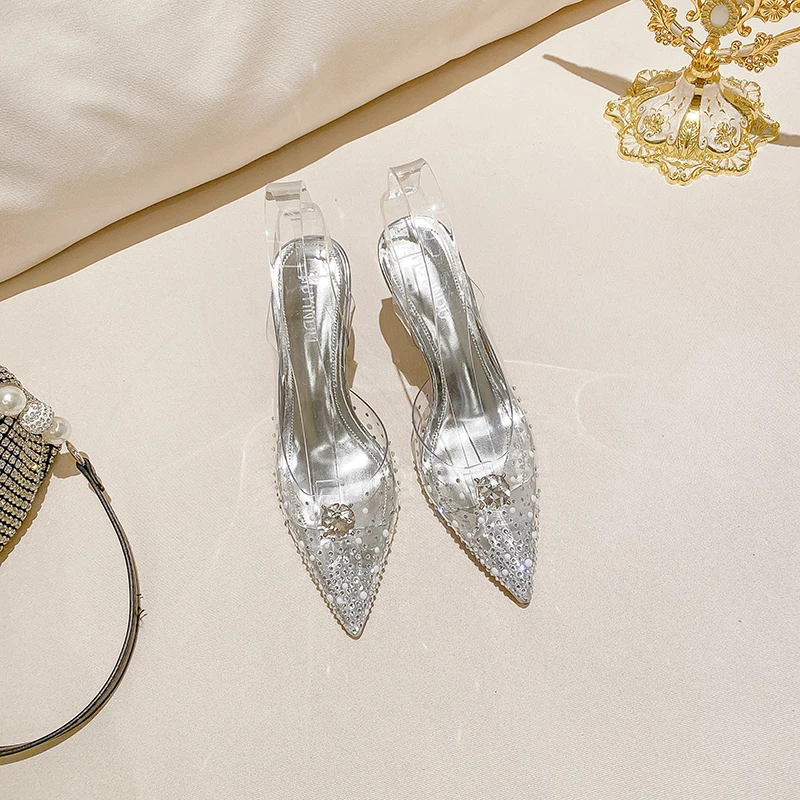 2023 New Summer Women's Single Shoes French Thin Strap Rhinestone Strap Transparent Word Strap High Heels All-match Sandals For