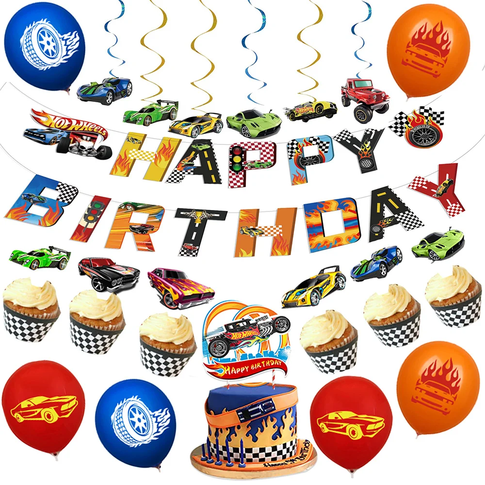 

44PCS Hot Wheel Birthday Party Decor Wind Fire Wheels Balloon Banner Spiral Flag Cake Topper Baby Shower Boy Racing Car Supplies