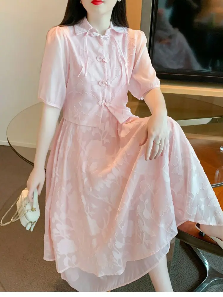 New Chinese-style improved cheongsam fairy dress Summer 2023 new doll collar bubble short sleeve lace dress