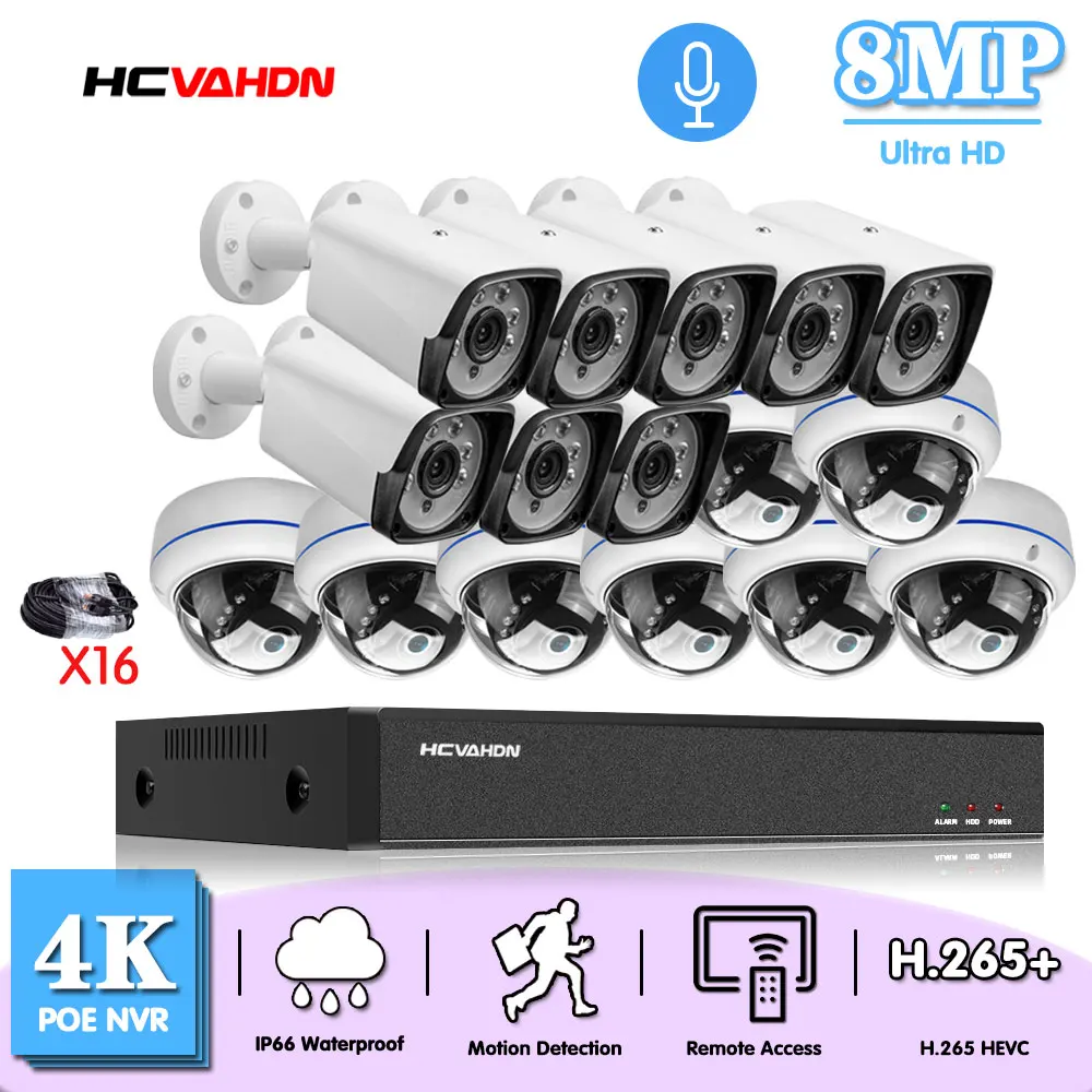 

Комплект камер видеонаблюдения, 16 каналов, 4K POE NVR, обнаружение движения, 8 Мп, наружная аудиозапись, комплект IP-камер видеонаблюдения