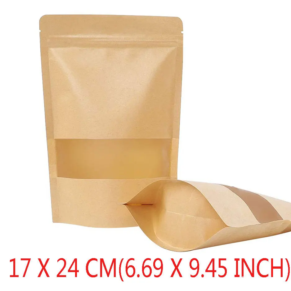 

17x24CM Sealable Bags,Kraft Stand Up Pouches Zip Lock Coffee Beans Seasoning Candy Nuts Biscuits Bags with Window Heavy Duty