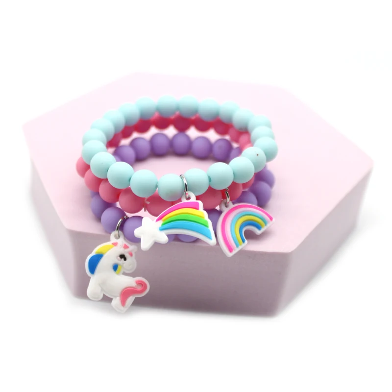 3 Piece/Set Children Cute Unicorn Style Bracelet For Kids Girls Elastic Rainbow Design Beads Enamel Lovely Jewelry