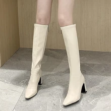 Rimocy Women New Pointed Toe High Heels Long Boots Spring 2022 Shoes Woman Knee-high Booties Side Zipper PU Leather Botas Female