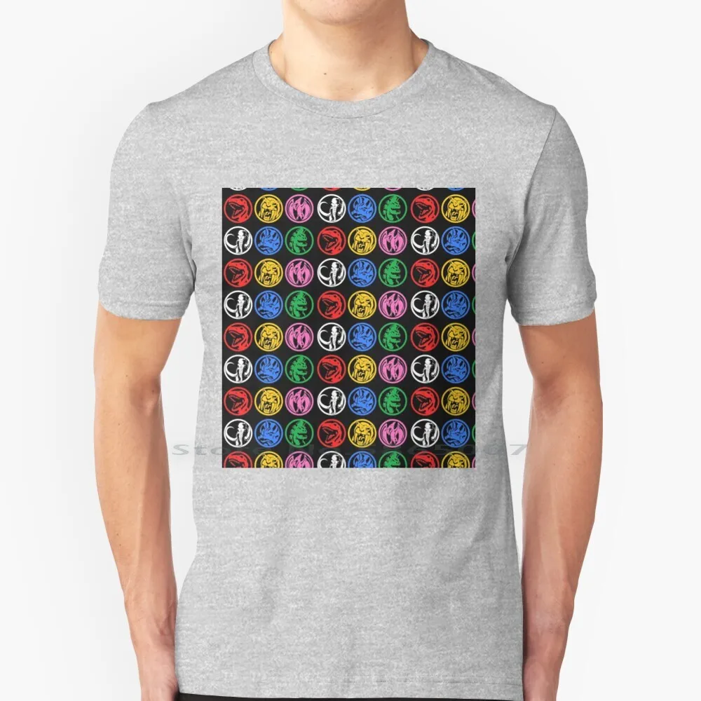 

6 Power Coins Tiled T Shirt 100% Cotton Tyrannosaurus Dinozord Coin Green Ranger Red Ranger Super Sentai Pink Ranger Blue