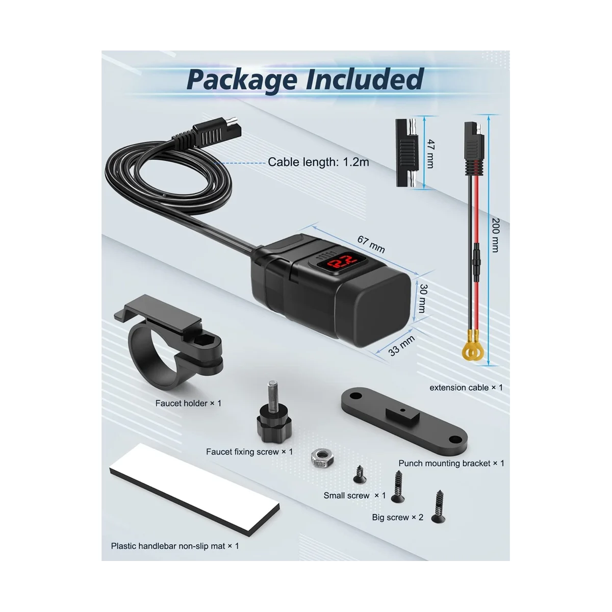 

Motorcycle Phone Charger, Dual USB Type C PD & Quick Charge 3.0 Motorcycle USB Charger with Voltmeter & ON/Off Switch