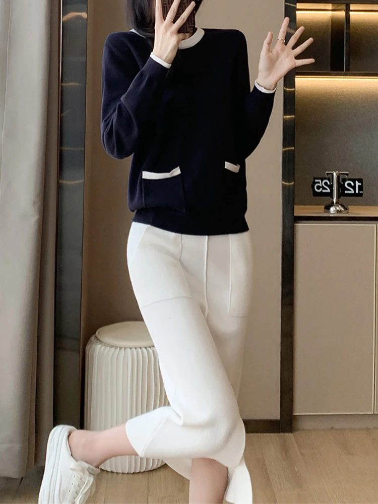 Высококачественный вязаный свитер с круглым вырезом + юбка разрезом комплект из