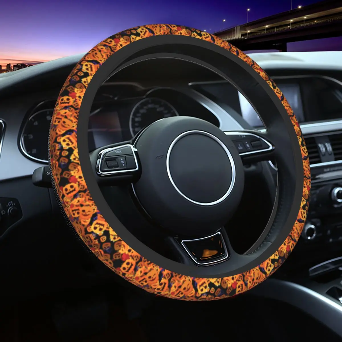 

38cm Halloween Pumpkin Flower Pattern Steering Wheel Cover Auto Car Steering Wheel Protector for Car Accessories 14.5-15 Inch