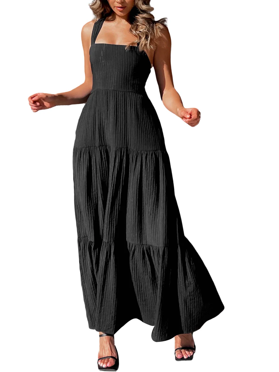 

Women Summer Halter Bohemian Maxi Dress Casual Sleeveless Solid Off Shoulder Swing Smocked Tiered Sexy Long Sundress with