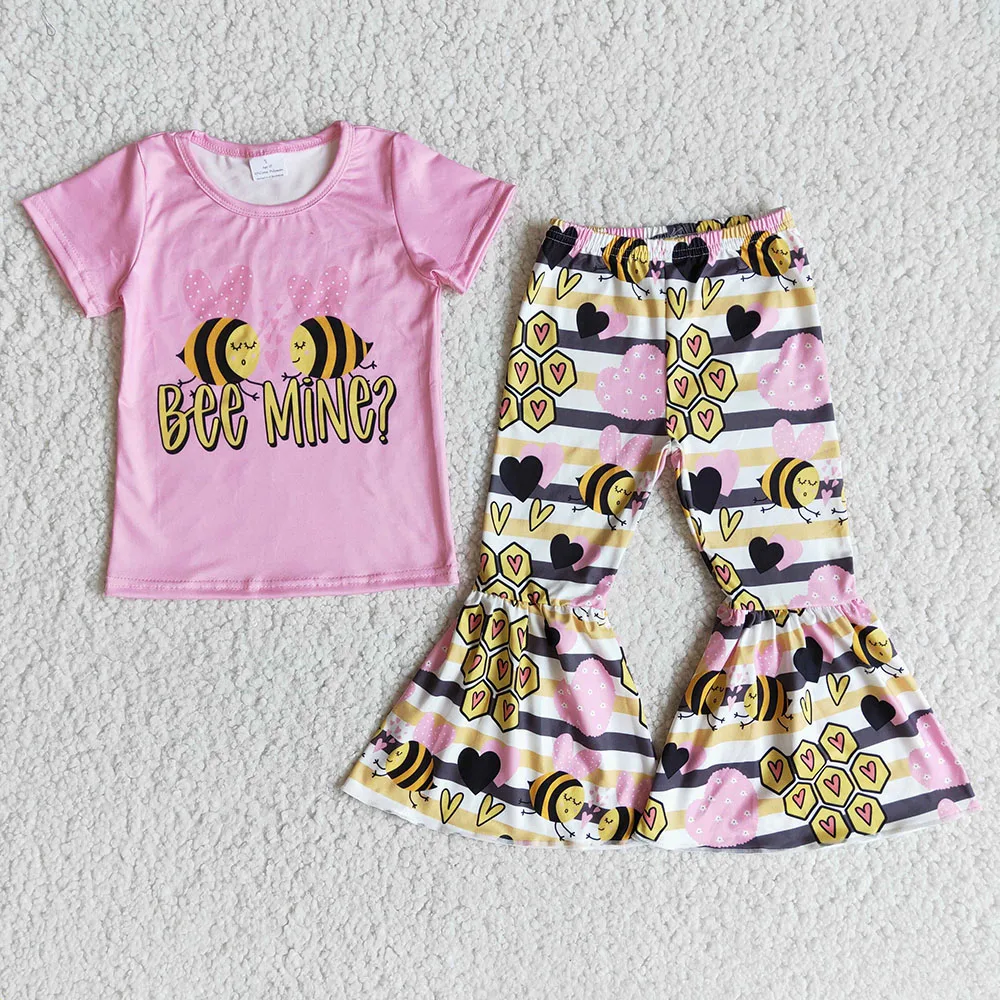 

RTS Toddler Girls Pink Bee Mine Short Sleeve Tee Shirt Heart Print Stripe Bell Pants Sets Children Boutique Outfits Kids Clothes