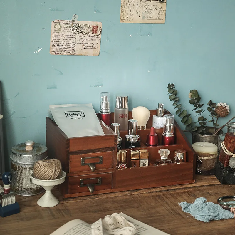 

Creative Vintage Wooden Tilted Desk Organizer Makeup Storage Holder with Drawers for Home Office Farmhouse