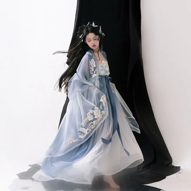 Женская голубая юбка Hanfu с вышивкой рубашка большим рукавом и принтом на весну