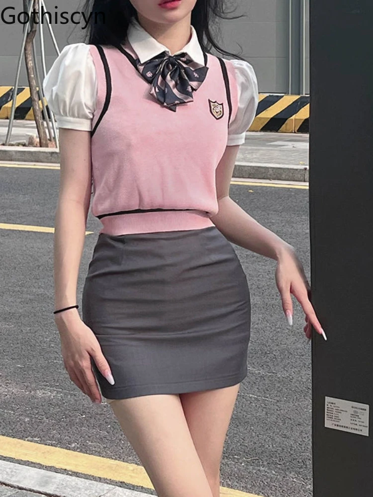 

Gothiscyn School Uniform Suit Ladies Summer Jk Pink Suits Hot Girl Slim Shirt Vest Bag Hip Skirt Half Skirt Three-piece Set Sexy