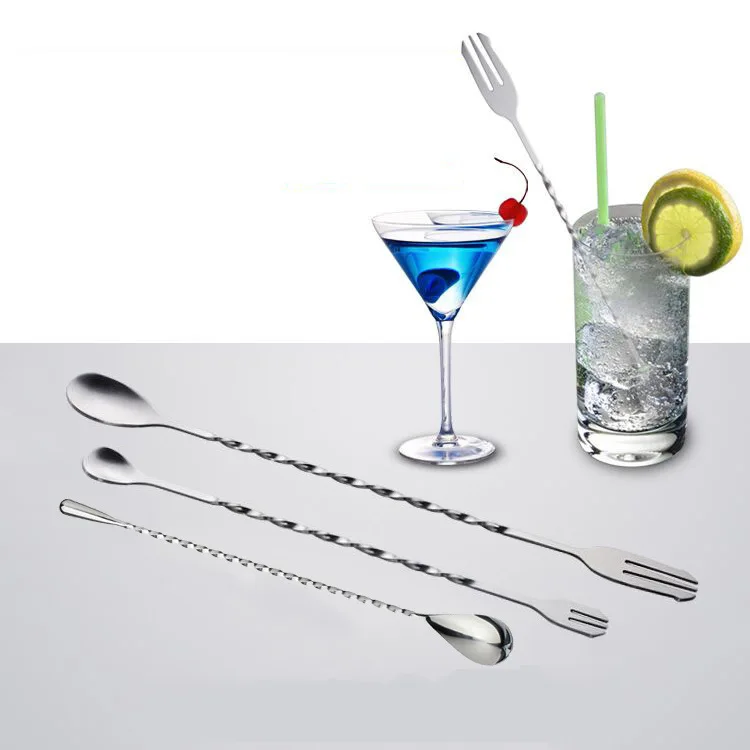 

1Pcs Durable Stainless Steel Kitchenware Stirring Rod Cocktail Fork Spoon Bar Appliances Cocktail Double Head Spiral Shape