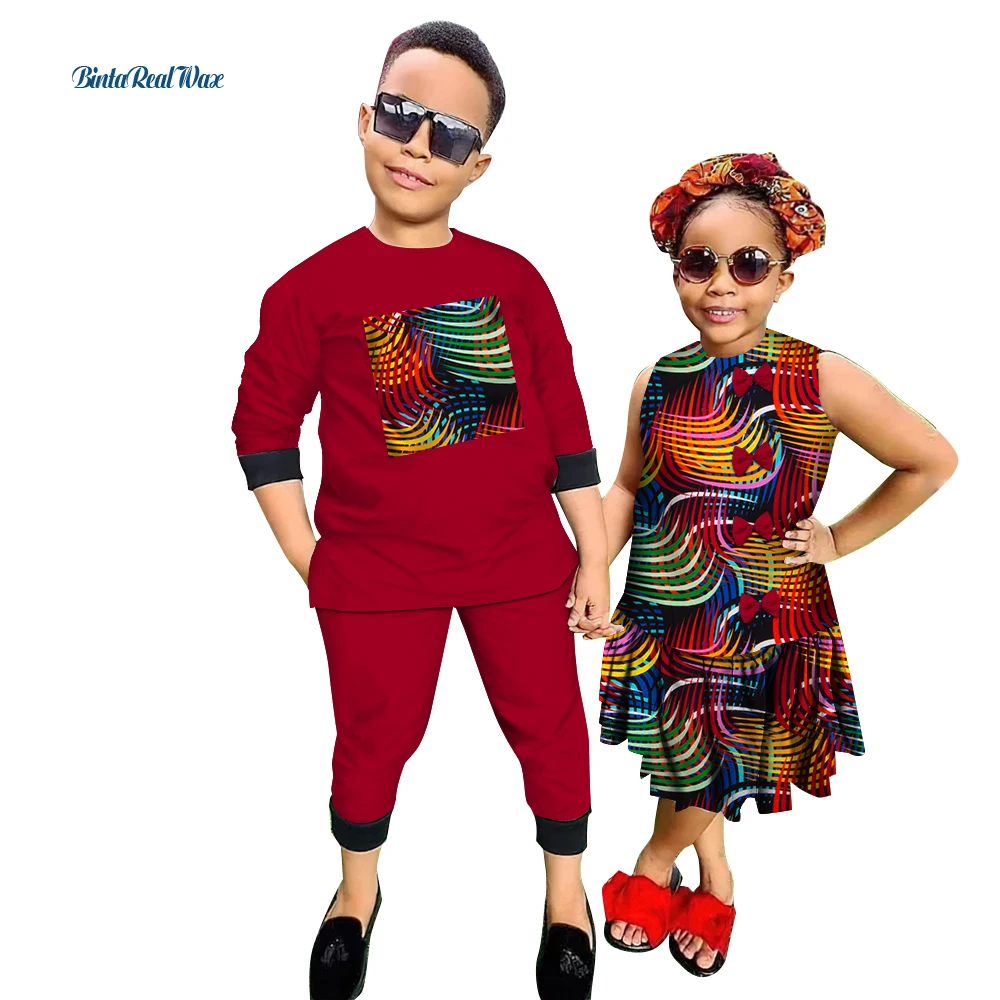 Lovely Lastest Trendy Arifrican Ankara Styles for Kids Boys 2 Pcs Pant Suit Girls Sleeveless with Bow Dress Cheap Clothes WYQ911