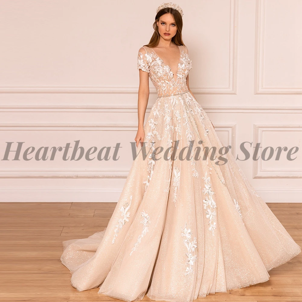 

A-Line Backless Wedding Dress for Ladies with Short Sleeve V-Neck Court Train Applique Sequins Beads Robe De Mariee 2023