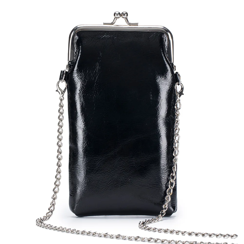 A9210 Chain Shoulder Belt Fine Hardware Ball Shape Hook Style Women Oil Waxed First Layer Cow Leather Mobile Phone Crossbody Bag