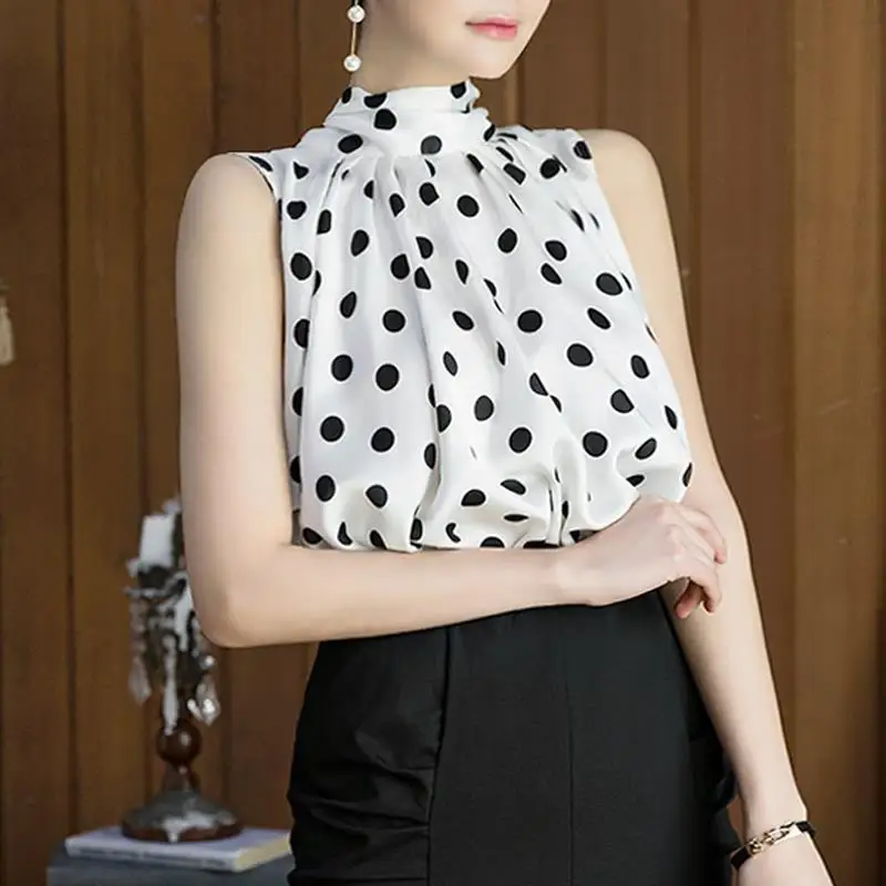 

Stylish Loose Lace Up Bow Folds Polka Dot Blouse Female Clothing 2023 Summer New Casual Pullovers Sleeveless Office Lady Shirt