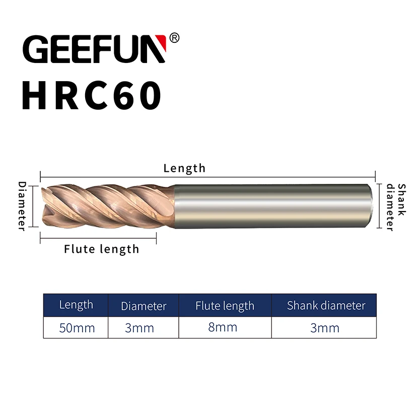 Длинные Квадратные фрезы GEEFUN D.i.a 3 мм/длина 50 мм HRC60 по хорошей цене карбидные