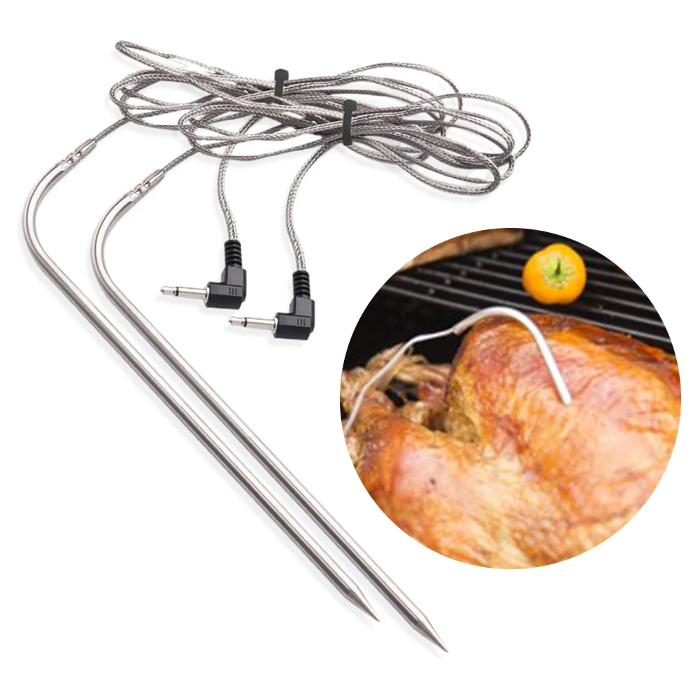 

2pcs Durable Long Wire Meat Probe Barbecue Temperature Measuring Portable Stainless Steel For Grilling 3.5 Mm Plug Easy Clean