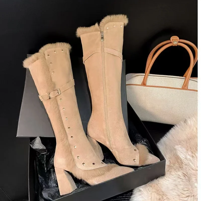 Зимние женские высокие сапоги на меху туфли высоком каблуке зимние с острым