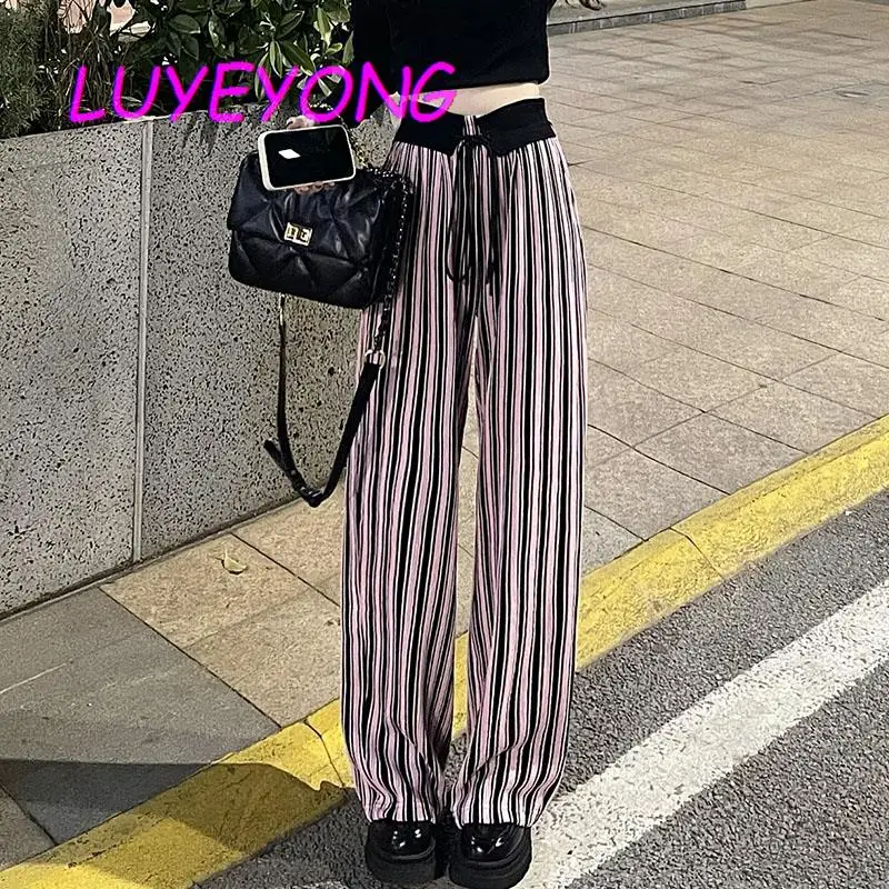 

Уличные спортивные брюки Y2k, женские длинные брюки на шнуровке в стиле ампир Харадзюку, женская одежда, черные розовые полосатые широкие брюки, весна 2023