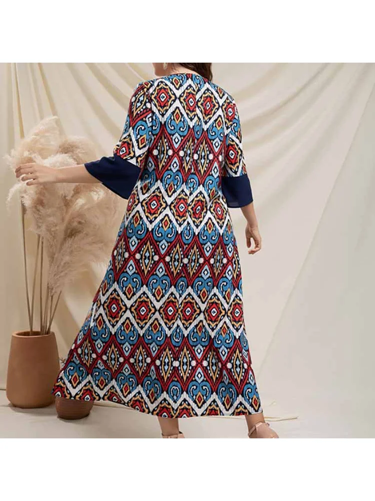 Plus-size new high-waist elasticated waist print dress women's color-block thin