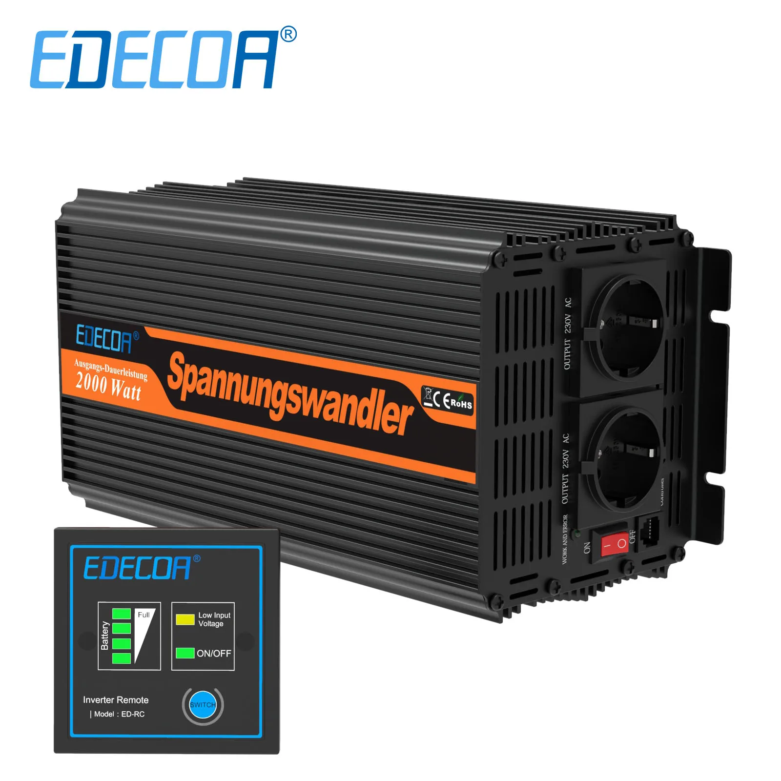 EDECOA 2000W DC 12V 24V to AC 220V 230V modified sine wave power inverter off grid solar inverter 2KW converter car inverter