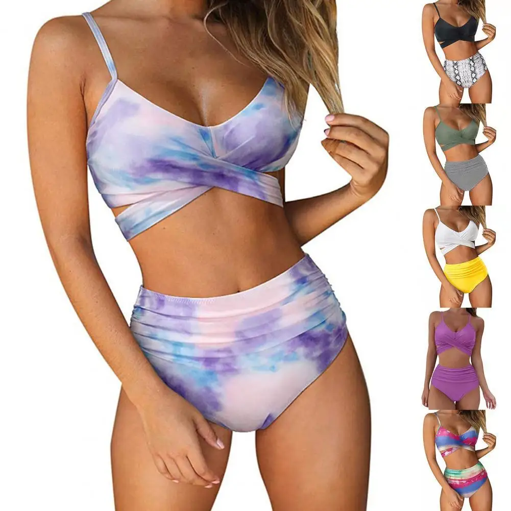 

2Pcs/Set Printing Swimsuit Sexy Wire Free Front Cross Bikini Set for Summer