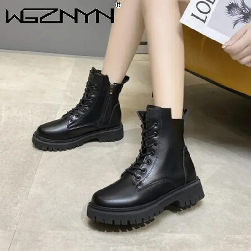 

Женские ботильоны на платформе, черные кожаные ботинки на шнуровке с пряжкой, Осень-зима 2023