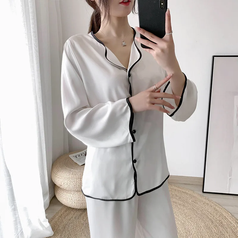 Autumn and Winter Women's Pajamas Wall Cotton Long Sleeved Pajamas Women's Thin White Popular Silk Home Clothes Suit 2 Piece
