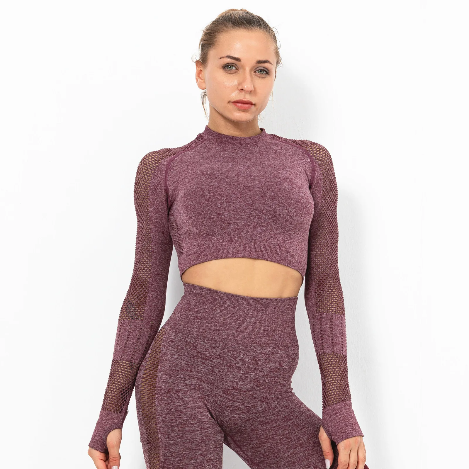 

Women Burgundy Sportswear Workout Clothes Sport Sets Suits Fitness Long Sleeve Tshirt Seamless Yoga Set