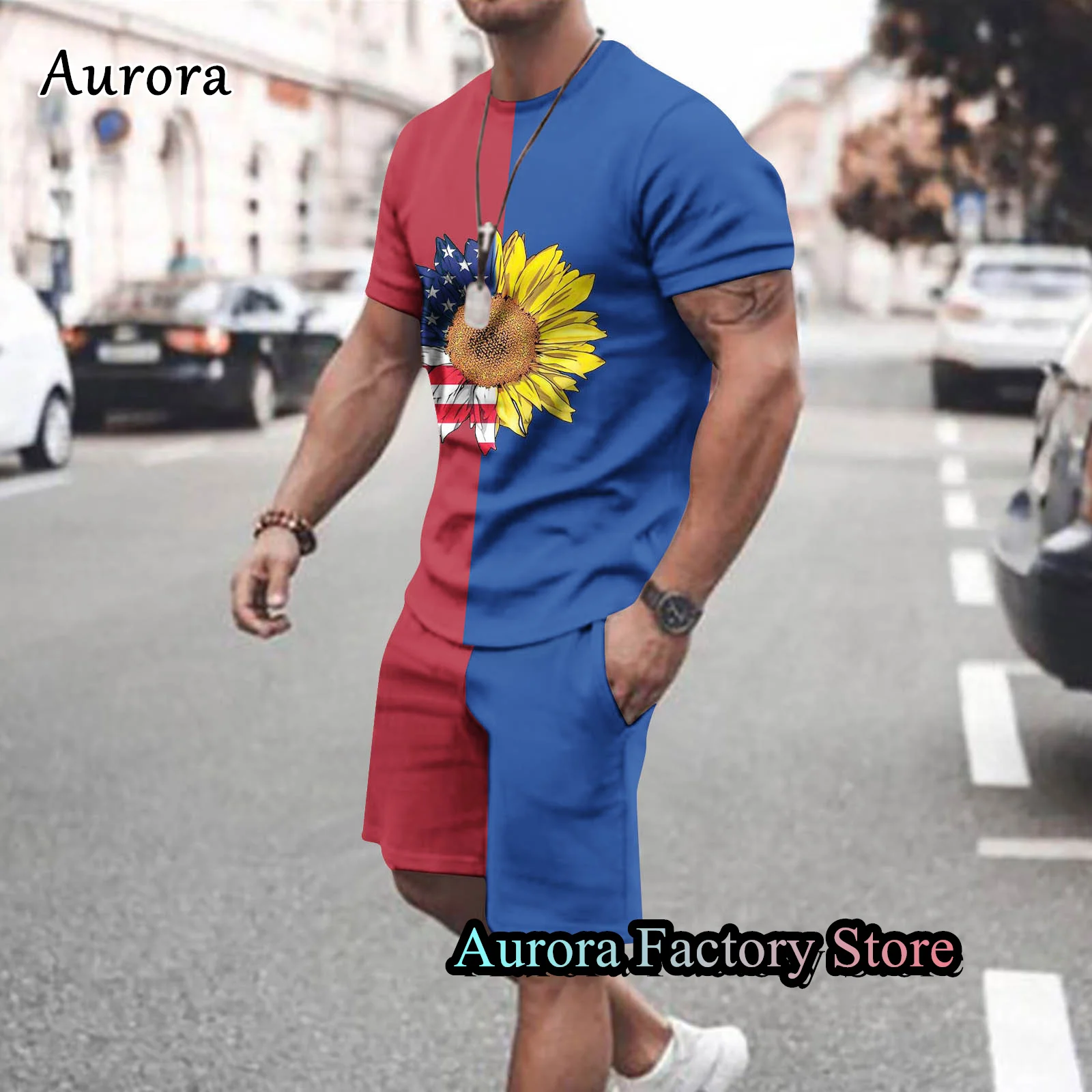 Men Summer Tracksuit American Flag Printed T-Shirt Shorts Set 2 Pieces Suit Fashion Outfit Male Casual Clothing Streetwear