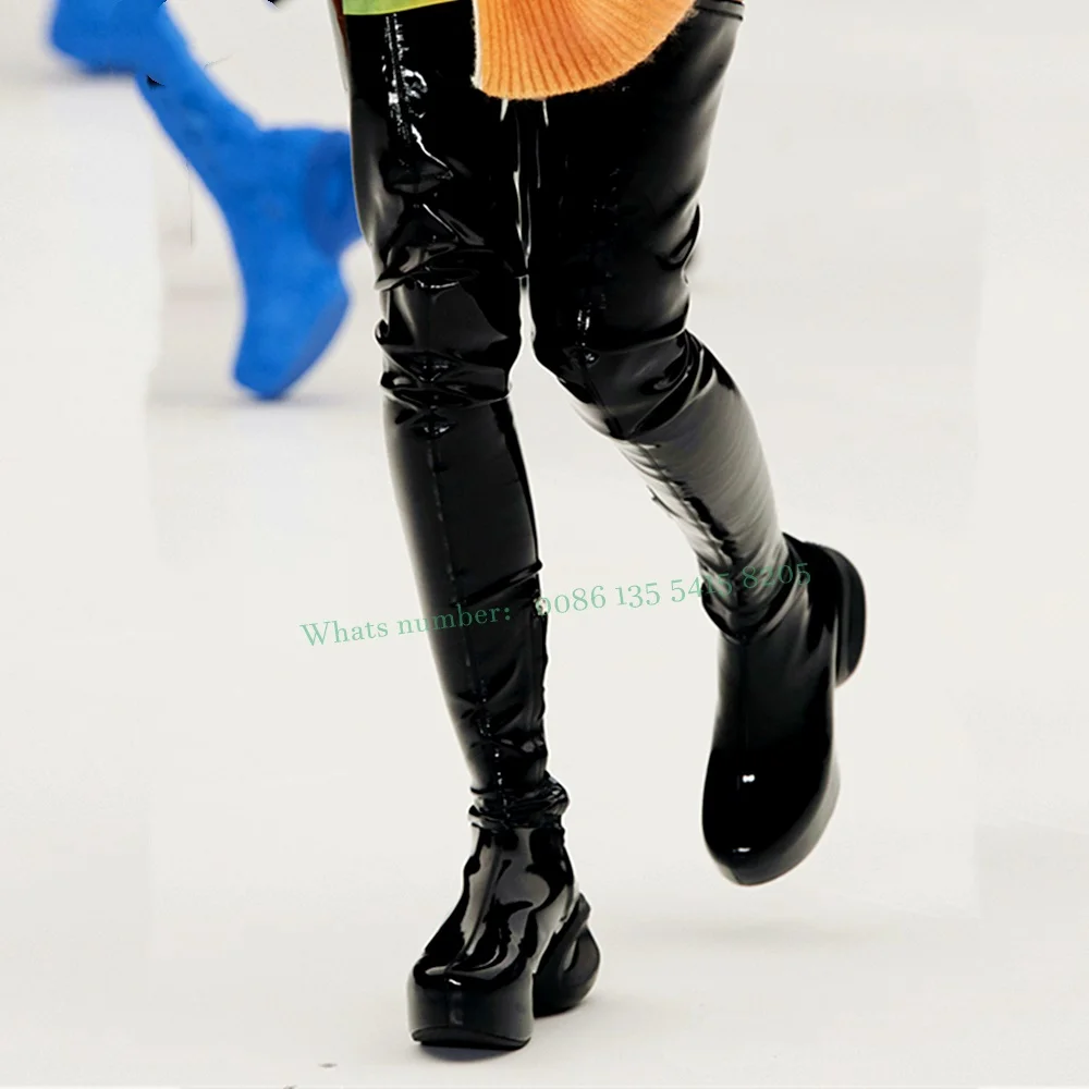 

Black Patent Leather Thigh High Boots Block Heels Side Zipper Round Toe Winter Warm Catwalk Runway Shoes 2023 New Sexy Platform