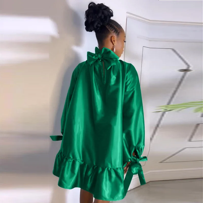 

Платье женское атласное с высоким воротником, пикантное свободное клубное мини-платье с жемчужинами, туника с оборками, бантом и рукавом-фо...