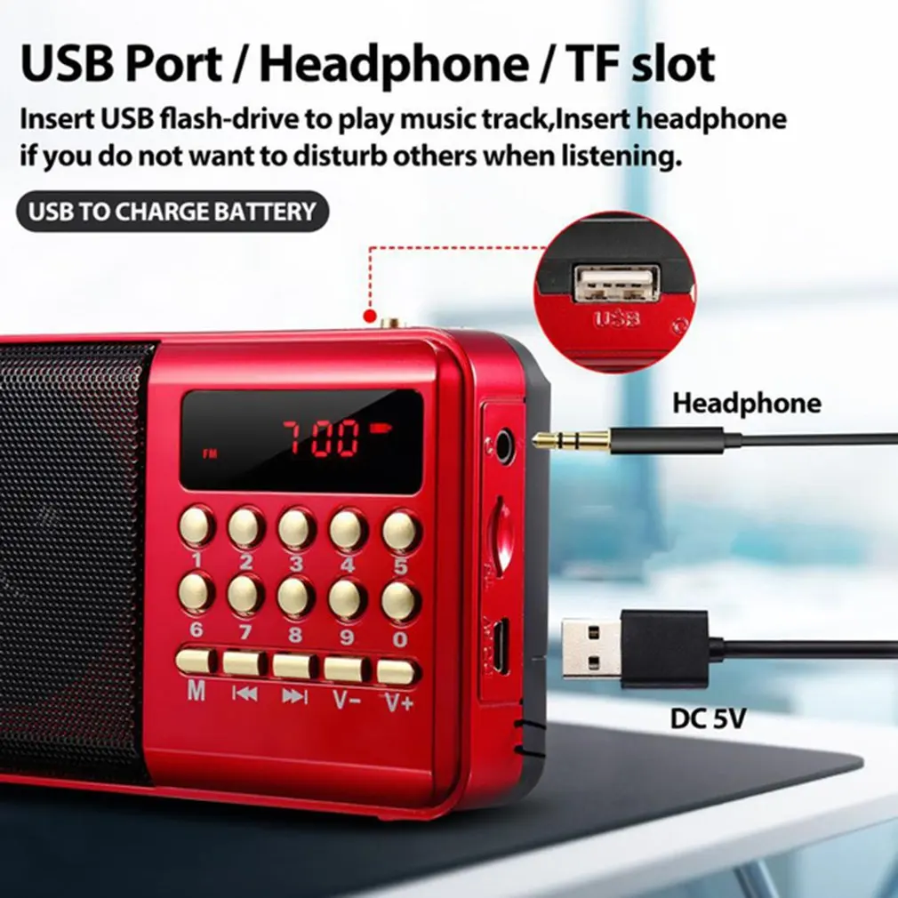 Портативный мини-радиоприемник ручной перезаряжаемый цифровой FM USB TF MP3-плеер