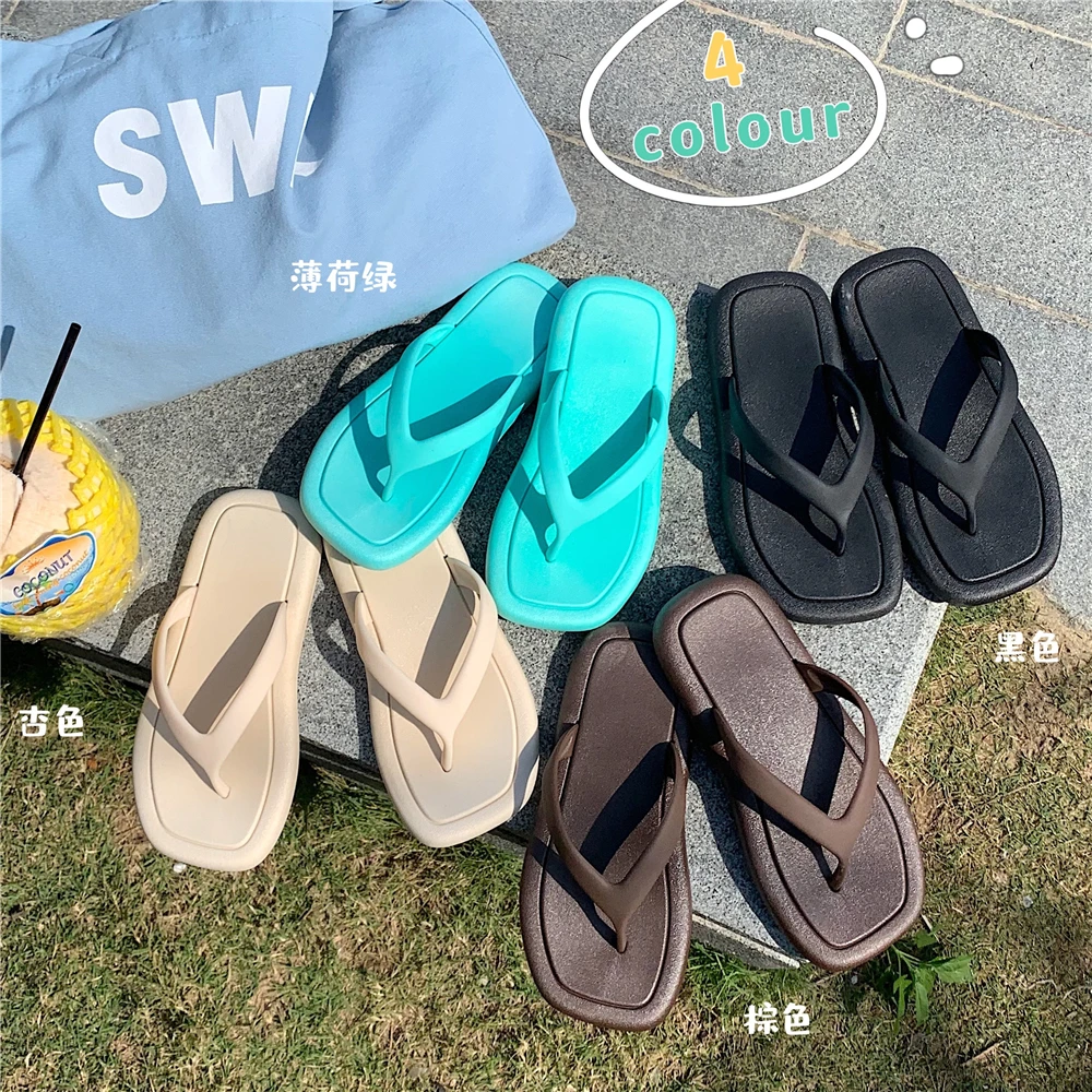 2023 New Colorful Korean Fashion Summer Flip Flops Female Students Soft Sole Pinch Foot Beach Sandals Breathable Home Slippers