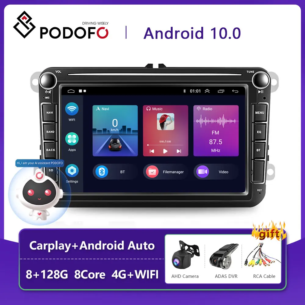 Podofo 4G 2 din Android Auto Radio For VW Volkswagen Golf Polo Tiguan Passat skoda Carplay Car Multimedia Player GPS autoradio