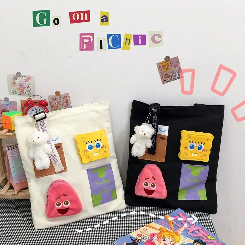 Kawaii Spongebobed Canvas Bag Cute Patrickstars Cartoon Large-Capacity Class Work One Shoulder Canvas Bag Toys for Girls Gifts