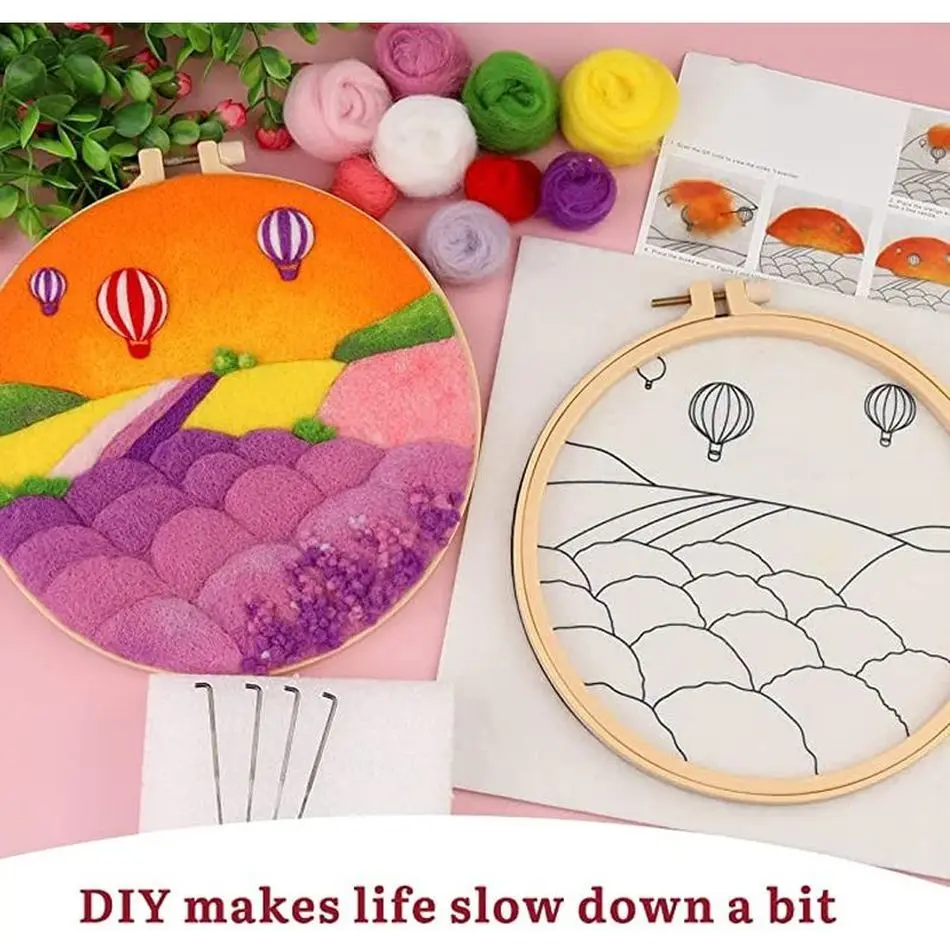 

CHENISTORY DIY Flower Wool Felting Painting With Embroidery 20x20cm Frame Balloon Needle Wool Painting Lavender For Gift