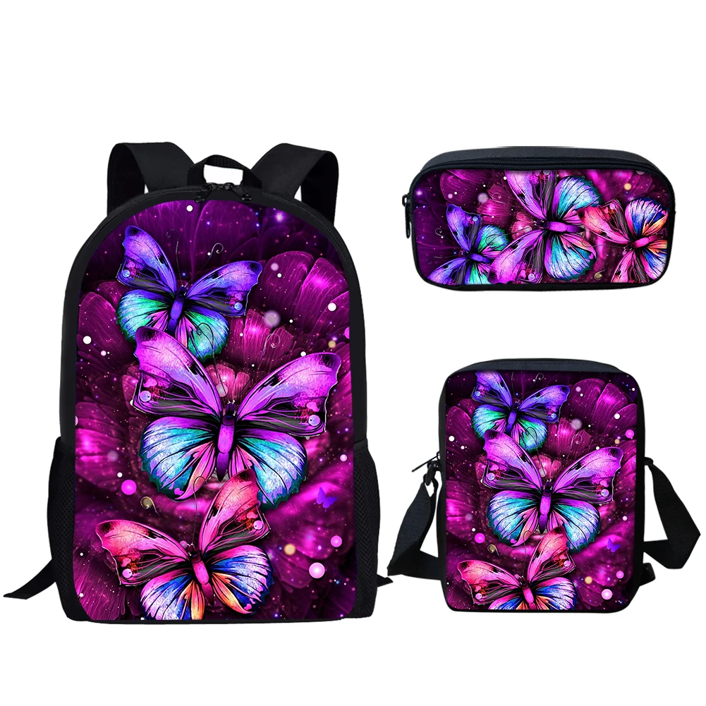 Belidome Casual School Bags Purple Butterfly Print 3Set Lightweight Bacpack for Teen Girls Travel Book Bags Mochila Escolar