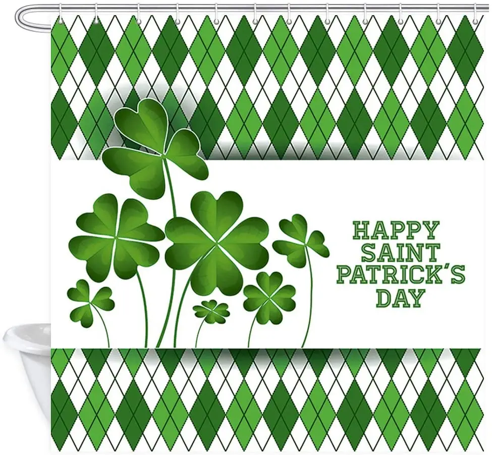 

Saint Patrick's Day Shower Curtain Green Four Tree Leaf Clovers Lucky Success Symbols Polyester Bath Curtains Set with Hooks