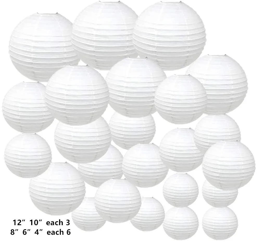 

24 pcs 4"-12" White Paper Lanterns Chinese Round lanterns paper lamp Wedding Outdoor Hanging Decor