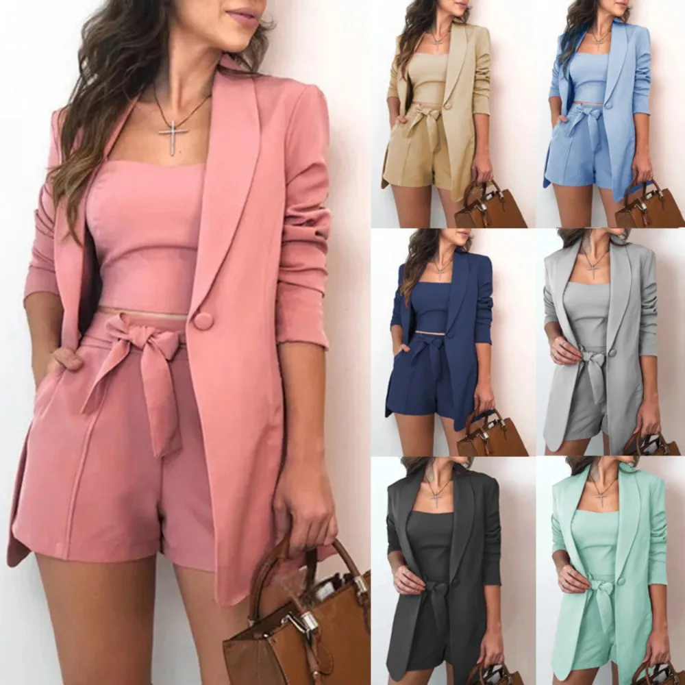 

Blazers Ladies Women Suits Office Wear Sexy Solid Color Three Piece Suit Blazer Coat Pants Suit Short Set Blazers Ladies Women