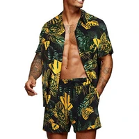 new trend men hawaiian sets summer feather printing short sleeve button shirt beach shorts two set casual trip mens 2 piece suit